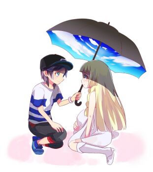 1boy 1girl black_hair blonde_hair blush boots elio_(pokemon) hat kneeling lillie_(pokemon) long_hair nintendo pokemon pokemon_sm ric_(aceradio) short_hair smile umbrella