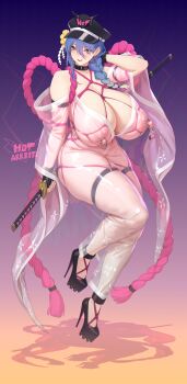 1girl absurdres arm_behind_head black_gloves blue_hair braid braided_ponytail breasts commentary_request earrings fingerless_gloves gloves hair_between_eyes hat high_heels highres holding holding_sword holding_weapon huge_breasts japanese_clothes jewelry katana kimono lipstick long_sleeves looking_at_viewer makeup mole mole_under_eye nipple_piercing original piercing police_hat rekaerb_maerd revealing_clothes rope see-through_clothes see-through_kimono shibari shibari_under_clothes shimenawa solo sword thick_thighs thigh_strap thighs weapon wide_hips wide_sleeves yellow_eyes