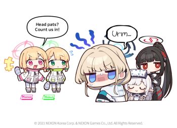 5girls :3 black_hair black_halo blonde_hair blue_archive blue_halo bow character_name closed_eyes closed_mouth commentary donmin_h earclip english_commentary english_text flying_sweatdrops green_halo grey_hair hair_bow halo high_ponytail himari_(armed)_(blue_archive) himari_(blue_archive) jitome leaning_forward long_hair long_sleeves medium_hair midori_(blue_archive) mole mole_under_eye momoi_(blue_archive) multicolored_hair multiple_girls no_mouth no_nose official_art open_mouth pointy_ears ponytail rio_(armed)_(blue_archive) rio_(blue_archive) shaded_face siblings sisters speech_bubble standing streaked_hair tail toki_(armed)_(blue_archive) toki_(blue_archive) v-shaped_eyebrows very_long_hair