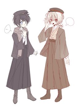 2boys :d absurdres akinashi_haru black_hair black_hakama blank_speech_bubble blue_eyes boots brown_hakama brown_scarf chinese_commentary commentary_request full_body hakama hat highres jacket japanese_clothes kimono lace-up_boots lapel_chain looking_at_viewer low_ponytail male_focus multiple_boys open_clothes open_jacket open_mouth peaked_cap ponytail red_eyes saihate_eki scarf short_hair simple_background smile speech_bubble standing striped_clothes striped_kimono taishou tatsunami_shion vertical-striped_clothes vertical-striped_kimono white_background white_hair yisu719871