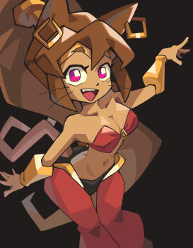 1girl absurdres animal_ears arabian_clothes bandeau bare_shoulders belly_dancing bracer breasts brown_hair cat_ears cat_girl cat_tail circle circlet cleavage cosplay cowboy_shot dancer dark-skinned_female dark_skin earrings gameoverse gold gold_bracer gold_circlet harem_outfit harem_pants highres hoop_earrings jewelry kit_bodega long_hair midriff navel notus_49 o-ring o-ring_top pants ponytail purple_eyes red_bandeau red_pants shantae shantae_(cosplay) shantae_(series) tail very_long_hair
