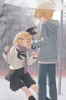 1boy 1girl 503404330 absurdres black_bow black_neckerchief black_skirt blonde_hair bow brother_and_sister child colored_eyelashes denim green_eyes grey_hoodie hair_bow hair_ornament hairclip highres holding holding_umbrella hood hoodie imminent_hand_holding jeans kagamine_len kagamine_rin long_sleeves looking_at_another neckerchief on_swing pants pleated_skirt ponytail purple_scarf scarf shirt short_hair short_ponytail siblings skirt smile swing swing_set transparent transparent_umbrella twins umbrella vocaloid white_shirt