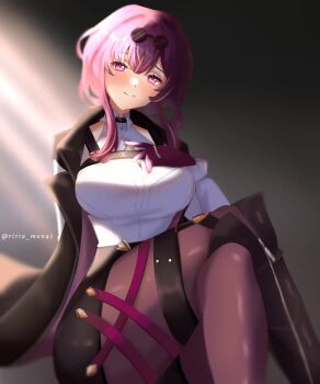 1girl black_jacket breasts chest_harness closed_mouth commentary cowboy_shot crossed_legs english_commentary eyewear_on_head gloves hand_on_own_chest harness high-waist_shorts highres honkai:_star_rail honkai_(series) jacket kafka_(honkai:_star_rail) large_breasts long_hair looking_at_viewer pantyhose pantyhose_under_shorts parted_bangs purple_eyes purple_gloves purple_hair purple_pantyhose riria_mona1 shirt shorts sitting smile solo sunglasses white_shirt