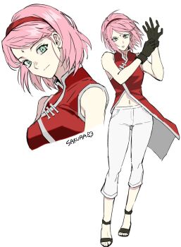 1girl adjusting_clothes adjusting_gloves bare_shoulders black_hair breasts character_name commentary_request facial_mark forehead_mark full_body gloves green_eyes hairband haruno_sakura korean_commentary light_frown light_smile lodoae medium_breasts medium_hair midriff naruto_(series) naruto_shippuuden navel open-toe_shoes pants parted_bangs pink_hair red_hairband red_shirt shirt solo swept_bangs upper_body white_background white_pants