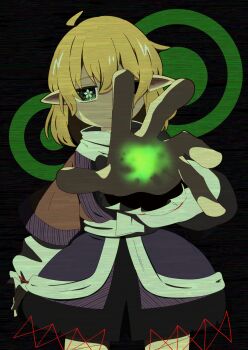 1girl absurdres ahoge arm_warmers black_background black_skirt blonde_hair brown_shirt chibeany closed_mouth commentary_request cowboy_shot expressionless flower-shaped_pupils glowing glowing_hand green_eyes hair_between_eyes highres looking_at_viewer medium_hair mizuhashi_parsee pointy_ears reaching reaching_towards_viewer scarf shirt short_sleeves simple_background skirt solo static symbol-shaped_pupils touhou white_scarf