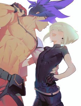 2boys :d aqua_hair arm_around_waist belt belt_pouch black_gloves black_pants black_shirt bracelet closed_mouth cowboy_hat earrings galo_thymos gapamopa gloves half_gloves happy hat height_difference highres jewelry lio_fotia male_focus mohawk multiple_boys muscular muscular_male nipples open_mouth pants pouch promare puckered_lips purple_hair red_pants shirt short_hair simple_background sleeveless sleeveless_shirt smile topless_male white_background yaoi
