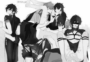 2boys bite_mark bite_marks biting blindfolded blush bracelet china_dress chinese_clothes dress genshin_impact greyscale hand_on_another&#039;s_ass hand_on_another&#039;s_thigh hickey hickey_marks jewelry legs_up missionary monochrome mors_gn multiple_boys nipple_biting nipple_stimulation tartaglia_(genshin_impact) white_background yaoi zhongli_(genshin_impact)
