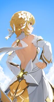 1girl ailushin back backless_dress backless_outfit blonde_hair braid cloud commentary detached_sleeves dress english_commentary flower from_behind from_below genshin_impact hair_flower hair_ornament hand_on_own_hip highres lumine_(as_heaven_and_earth_are_made_anew)_(genshin_impact) lumine_(genshin_impact) official_alternate_costume outdoors pout scarf short_hair_with_long_locks sky solo white_dress white_flower white_scarf white_sleeves yellow_eyes