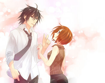 1boy 1girl breasts casual cigarette couple hetero irono_(irtyu) master meiko_(vocaloid) necktie short_hair small_breasts smoking vocaloid