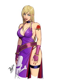 1girl aqua_eyes arm_tattoo artist_name b._jenet backless_dress backless_outfit belt blonde_hair bracelet breasts choker cleavage collarbone dated dress fatal_fury fatal_fury:_city_of_the_wolves fingerless_gloves garou:_mark_of_the_wolves gloves gold_bracelet highres large_breasts legs long_hair nail_polish open_mouth pink_lips purple_dress sideboob snk solo tattoo the_king_of_fighters thigh_strap thighs thong