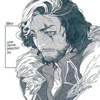 1boy beard black_hair character_name clair_obscur:_expedition_33 closed_mouth copyright_name dated facial_hair fur-trimmed_jacket fur_trim hiryuu_(kugelcruor) jacket male_focus mature_male medium_hair multicolored_hair scar scar_across_eye scar_on_face signature solo streaked_hair swept_bangs upper_body verso_(clair_obscur:_expedition_33) wavy_hair white_background white_hair
