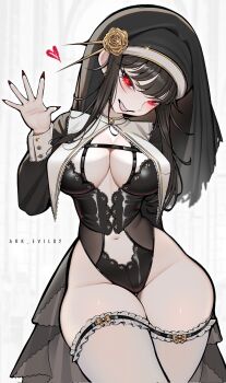 1girl ark_evil02 artist_name black_hair black_leotard bow breasts commentary corrupted_twitter_file english_commentary eyelashes gold_rose heart highres leotard lips long_hair long_sleeves navel nun red_eyes red_nails smile solo spy_x_family yellow_bow yor_briar