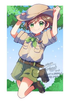 Rule 34 | 1boy, arms up, belt, border, breast pocket, brown belt, brown hair, brown shoes, budding expeditioner (pokemon), cargo shorts, closed mouth, collared shirt, commentary request, day, full body, green eyes, green shorts, hand on headwear, highres, kohaya (cosagao), legs up, male focus, nintendo, outdoors, pocket, pokemon, pokemon tcg, pokemon tcg pocket, shirt, shoes, short hair, short sleeves, shorts, smile, socks, solo, white border