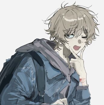 1boy backpack bag blue_bag blue_jacket fang grey_eyes grey_hair hair_between_eyes hand_up highres hood hood_down hooded_jacket jacket looking_at_viewer male_focus one_eye_closed open_mouth original short_hair simple_background sini_user smile solo upper_body v white_background