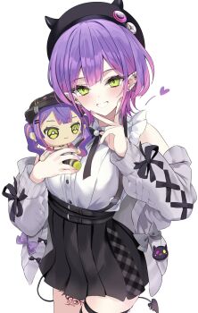 1girl argule0901 beret black_ribbon black_skirt blush character_doll commentary cowboy_shot demon_girl demon_tail doll ear_piercing fake_horns green_eyes grey_jacket grin hat heart high-waist_skirt highres hololive horned_headwear horns jacket leg_tattoo long_sleeves looking_at_viewer neck_ribbon o-ring o-ring_suspenders off_shoulder piercing pleated_skirt pointy_ears purple_hair ribbed_jacket ribbon shirt short_hair simple_background skirt sleeve_ribbon smile solo symbol-only_commentary tail tattoo tokoyami_towa tokoyami_towa_(1st_costume) tokoyami_towa_(jirai_kei) v virtual_youtuber white_background white_shirt