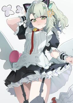 anger_vein animal_ear_hairband animal_ears bell black_dress blush breasts cat_ear_hairband cat_ears commentary_request cowboy_shot dress fake_animal_ears frilled_dress frilled_sleeves frills garter_straps green_eyes green_hair grey_background hair_ornament hairband hand_on_own_head k2_(jack_lin) looking_at_viewer maid maid_headdress neck_bell necktie official_alternate_costume red_necktie simple_background skirt_hold small_breasts sunna_(afternoon_tea_break)_(zenless_zone_zero) sunna_(zenless_zone_zero) tears triangle_hair_ornament white_wings wings zenless_zone_zero