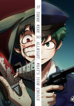 10s 1boy alternate_universe animal_hood blood blood_on_face boku_no_hero_academia closed_mouth crazy_smile english_text freckles frown green_eyes green_hair gun handgun hat hood knife male_focus midoriya_izuku personality_switch pistol police police_hat police_uniform rabbit_hood red_eyes revolver smile split_screen text_focus weapon