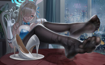 1girl absurdres animal_ears aqua_leotard asuna_(blue_archive) asuna_(bunny)_(blue_archive) black_pantyhose blue_archive blue_bow blue_bowtie blue_eyes blue_halo blue_leotard blue_ribbon bow bowtie breasts cang_se_ye_hua dorsiflexion fake_animal_ears feet feet_on_table foot_focus gloves hair_over_one_eye halo high_heels highres large_variant_set legs leotard long_hair looking_at_viewer no_shoes pantyhose playboy_bunny rabbit_ears ribbon shoes smile soles stiletto_heels strapless strapless_leotard table thighband_pantyhose toe_seam toes unworn_shoes variant_set wet wet_clothes wet_pantyhose white_gloves