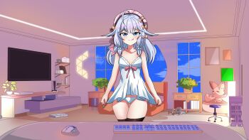 1girl bed blue_eyes blue_hair bow breasts camisole chair charlotte_suzu commission computer_keyboard computer_mouse controller cupboard game_console game_controller hair_bow hair_ribbon hat highres indie_virtual_youtuber indoors knee_up knees_up lamp looking_at_viewer night night_sky panties plant potted_plant ribbon screen sky small_breasts solo standing stuffed_toy thighhighs thighs underwear virtual_youtuber white_panties window
