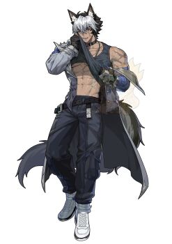 1boy abs animal_ear_fluff animal_ears bandaged_arm bandages black_gloves black_hair black_sclera black_tank_top blue_bandages blue_eyes blue_pants body_fur cargo_pants clothes_lift collar collarbone colored_sclera commentary crossed_bangs dog_boy dog_ears dog_tail ear_piercing english_commentary fingerless_gloves full_body gloves grey_tail hair_between_eyes highres jacket jewelry komano_manato komano_manato_(white_heart_silhouette) looking_at_viewer male_focus multicolored_hair multiple_scars muscular muscular_male navel necklace open_mouth pants pectorals piercing scar scar_across_eye scar_on_chest scar_on_face scar_on_shoulder shirt_lift shoes short_hair shoucchi96 simple_background single_bare_shoulder solo spiked_jacket sweat tail tank_top very_sweaty watermark white_background white_hair white_jacket white_shoes zenless_zone_zero