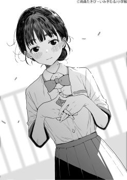 1girl absurdres basori_tiara blush bow bowtie collared_shirt commentary hair_bun highres imigimuru looking_at_viewer make_heroine_ga_oo_sugiru! medium_hair mole mole_on_neck monochrome novel_illustration official_art own_hands_together pleated_skirt railing school_uniform second-party_source shirt shirt_tucked_in short_sleeves simple_background single_hair_bun skirt solo tsuwabuki_high_school_uniform untranslatable_commentary white_background