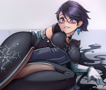 1girl absurdres bayonetta bayonetta_(series) black_bodysuit black_hair bodysuit breasts commentary dilan_griz earrings english_commentary floating_earrings glasses gloves grey_background hand_on_own_hip highres jewelry large_breasts looking_ahead lying mole mole_under_mouth on_side purple_eyes short_hair simple_background smile solo swept_bangs triangle_earrings white_gloves