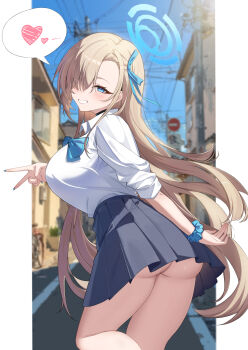 1girl absurdres ass asuna_(blue_archive) asuna_(school_uniform)_(blue_archive) black_skirt blonde_hair blue_archive blue_bow blue_bowtie blue_eyes blue_halo blue_sky bow bowtie breasts halo hashtag-only_commentary heart highres large_breasts long_hair looking_at_viewer outdoors school_uniform shirt skirt sky smile solo spoken_heart tenjou_sora thighs v very_long_hair white_shirt