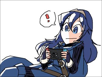 1girl blue_eyes blue_hair davewaterfalls fire_emblem fire_emblem_awakening long_hair lucina_(fire_emblem) nintendo playing_games simple_background solo speech_bubble switch tiara