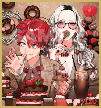 1boy 1girl aegyo_sal alma_(gokurakugai) black_roots blue_eyes cake cherry chocolate commentary_request donut eating eyeshadow fake_nails food fruit gokurakugai hair_between_eyes holding holding_food jacket jewelry long_hair looking_at_viewer macaron makeup mascara pearl_choker red_hair ring round_eyewear sample_watermark sano_yuuto short_hair strawberry swiss_roll tao_(gokurakugai) watermark white_hair