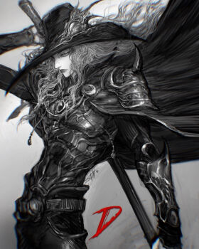 Rule 34 | 1boy, black cape, cape, character name, commentary, d (vampire hunter d), english commentary, greyscale, hat, highres, holding, holding sword, holding weapon, jewelry, long hair, monochrome, necklace, signature, solo, stato (statoon), sword, vampire hunter d, weapon, white hair
