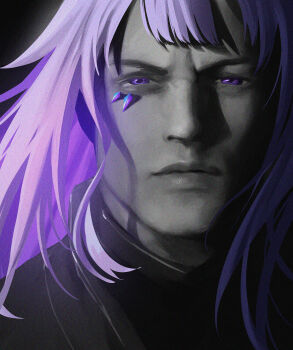 1girl absurdres closed_mouth commentary cosplay crossdressing devil_may_cry_(series) devil_may_cry_5 english_commentary gem hair_flaps highres hololive hololive_english kisaragi_tsurugi koseki_bijou long_hair long_sidelocks partially_colored photo-referenced portrait purple_eyes purple_gem purple_hair realistic serious sidelocks solo v-shaped_eyebrows vergil_(devil_may_cry) vergil_(devil_may_cry)_(cosplay)