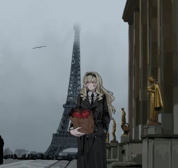 1girl 9urodine bag bird black_coat black_hairband black_necktie blonde_hair building buttons coat collared_shirt eiffel_tower fog hairband hand_in_pocket highres holding holding_bag lapels long_hair necktie outdoors paper_bag people real_world_location red_eyes saijou_claudine shirt shoujo_kageki_revue_starlight statue tomato
