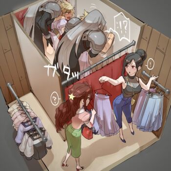! !? 2boys 2girls :o ? aerith_gainsborough against_wall alternate_costume alternate_hairstyle angry arched_back arm_up armor asymmetrical_bangs bag black_coat black_gloves black_hair black_shirt blonde_hair blue_pants blue_shoes blush bracer brown_corset changing_room clothes_hanger clothes_lift cloud_strife coat corset crossdressing crossdressing_(mtf) curtains day denim dress dress_lift final_fantasy final_fantasy_vii final_fantasy_vii_remake foreshortening from_above gloves green_skirt grey_hair hair_bun hand_on_another's_thigh handbag high_heels holding holding_clothes_hanger holding_unworn_clothes holding_unworn_skirt indoors isometric jeans leaning_forward long_coat long_hair long_sleeves looking_back mirror multiple_boys multiple_girls open_mouth pants pauldrons pink_dress puffy_short_sleeves puffy_sleeves purple_dress red_bag red_eyes red_shoes ryouto see-through_clothes sephiroth shirt shoes short_sleeves shoulder_armor skirt sleeveless sleeveless_shirt struggling sweat tifa_lockhart unworn_skirt very_long_hair yaoi yellow_bag