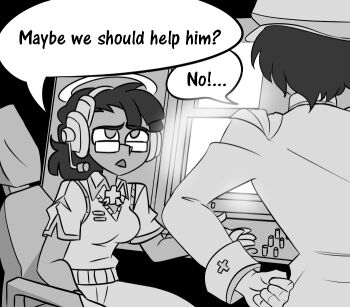 2girls angel angel_(helltaker) archangel_(helltaker) black_background breasts chair cross english_text greyscale haaru halo hat headphones helltaker jacket long_sleeves medium_breasts medium_hair monochrome multiple_girls pants screen short_hair short_sleeves sitting speech_bubble