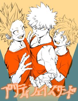 3boys absurdres alternate_eye_color bakugou_katsuki behind_another blonde_hair blush boku_no_hero_academia boy_sandwich collarbone colored_tongue commentary_request crew_neck cropped_torso eyebrows_hidden_by_hair foreground_text foreshortening freckles from_side front-to-back hair_between_eyes hair_slicked_back hand_on_another's_back hands_up hatching_(texture) highres j_nobu4 kirishima_eijiro limited_palette linear_hatching looking_at_another looking_back male_focus midoriya_izuku multiple_boys open_mouth orange_shirt orange_tank_top pac-man_eyes partial_commentary partially_colored pectoral_cleavage pectorals sandwiched sanpaku scowl sharp_teeth shirt short_eyebrows short_hair short_sleeves smile spiked_hair sweatdrop t-shirt tank_top teeth toned toned_male translation_request tsurime turning_head upper_teeth_only v-shaped_eyebrows yaoi yellow_background yellow_eyes yellow_tongue