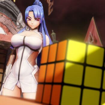 1girl 3d artist_request bare_legs blue_hair bodysuit breasts curvy expressionless high_ponytail highres hime_cut large_breasts long_hair looking_at_object loppybun panties ponytail rubik's_cube simple_background standing taimanin_(series) taimanin_asagi taimanin_suit underwear very_long_hair white_panties wide_hips yatsu_murasaki