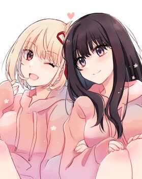 Rule 34 | 2girls, alternate costume, black hair, blonde hair, blush, bob cut, breasts, closed mouth, commentary request, couple, drawstring, eyelashes, fingernails, flower, hair over shoulder, hair ribbon, hand on another's arm, happy, heart, highres, hood, hoodie, inoue takina, knees up, long hair, looking at viewer, lycoris recoil, multiple girls, nishikigi chisato, one eye closed, open mouth, pink hoodie, purple eyes, red eyes, red ribbon, ribbon, sango (sango3 3), short hair, simple background, sitting, sleeves past wrists, smile, split mouth, white background, yuri