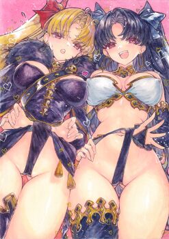 2girls arm_warmers asymmetrical_legwear asymmetrical_sleeves bikini black_hair black_ribbon black_sleeves black_thighhighs blonde_hair blush breasts chikinan_tarou cleavage cloak commentary_request covered_erect_nipples detached_sleeves dress earrings elbow_gloves ereshkigal_(fate) fate/grand_order fate_(series) frontal_wedgie fur-trimmed_cloak fur_trim gloves hair_ribbon heart highres hoop_earrings infinity_symbol ishtar_(fate) jewelry large_breasts long_hair looking_at_viewer looking_down midriff mismatched_bikini multiple_girls navel neck_ring open_mouth parted_bangs pink_background pulling_own_clothes red_eyes red_ribbon ribbon self_wedgie single_arm_warmer single_detached_sleeve single_elbow_glove single_thighhigh skull skull_ornament smile spine swimsuit thighhighs twintails two-sided_cloak two-sided_fabric two_side_up uneven_legwear uneven_sleeves very_long_hair wedgie