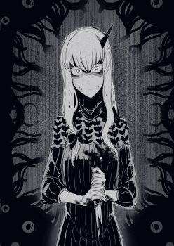 1girl blood blood_splatter bloody_weapon closed_mouth fate/grand_order fate_(series) female_focus fingernails greyscale hair_between_eyes highres holding holding_knife horns knife lavinia_whateley_(fate) long_hair long_sleeves looking_at_viewer monochrome nakamura_regura reverse_grip sanpaku single_horn solo standing static turtleneck two-handed weapon wide-eyed