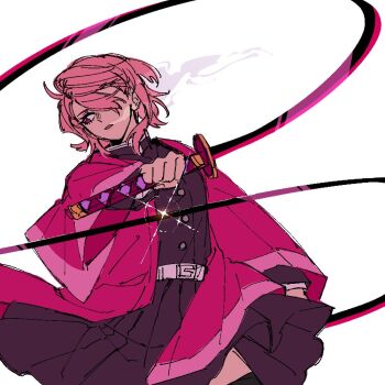 1girl belt black_jacket black_skirt black_thighhighs breasts buttons cowboy_shot dandadan demon_slayer_uniform fighting_stance hair_over_one_eye haori holding holding_whip jacket japanese_clothes katana kimetsu_no_yaiba lecii_(vallychie) medium_breasts parted_bangs parted_lips pink_eyes pink_hair pink_haori shiratori_aira_(dandadan) skirt smoke_from_mouth solo sparkle sword thighhighs weapon white_belt zettai_ryouiki