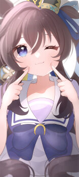 Rule 34 | 1girl, :3, absurdres, animal ears, beret, blue eyes, blush, bow, bowtie, breasts, brown hair, closed mouth, ear covers, finger to cheek, hair between eyes, hair ribbon, hat, highres, horse ears, horse girl, kurumiya (krmy p), long hair, looking at viewer, multicolored hair, one eye closed, puffy short sleeves, puffy sleeves, purple bow, purple bowtie, purple shirt, ribbon, sailor collar, sailor shirt, school uniform, shirt, short sleeves, single ear cover, skirt, smile, solo, streaked hair, tracen school uniform, twintails, umamusume, upper body, vivlos (umamusume), white sailor collar, white skirt