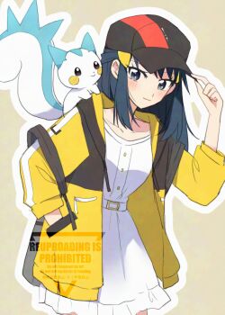 1girl backpack bag black_hair blush closed_mouth commentary_request dawn_(pokemon) dress eyelashes gen_4_pokemon grey_eyes hair_ornament hairclip hand_in_pocket hand_on_headwear hat highres jacket long_hair looking_at_viewer nintendo ohn_pkmn open_clothes open_jacket outline pachirisu pokemon pokemon_(creature) pokemon_bdsp sidelocks simple_background smile strap_slip white_dress yellow_jacket