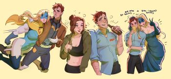 1boy 1girl amulet beer_bottle black_shorts black_tank_top blonde_blazer blonde_hair blue_dress blue_shoes blush bodysuit boots breasts brown_hair brown_jacket cape carrying carrying_person cleavage collared_shirt dispatch dress drinking hashtag-only_commentary height_difference highres hood hoodie jacket jewelry leather leather_jacket long_hair midriff necklace robert_robertson rodnyanya shirt shoes short_hair shorts simple_background sleeves_rolled_up sweat tank_top thigh_boots tongue tongue_out v yellow_cape