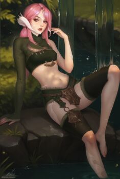 1girl absurdres au_ra bathing dragon_girl dragon_horns final_fantasy final_fantasy_xiv frilled_thigh_strap highres horns lips midriff nebula_(neebulaart) outdoors pink_eyes pink_hair scales thigh_strap tribal warrior_of_light_(ff14)