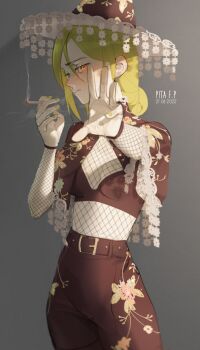 1girl absurdres artist_name belt black_belt black_hat black_shorts breasts closed_mouth commentary crop_top dated english_commentary fishnet_sleeves fishnets gradient_background green_hair grey_background hat highres long_hair nail_polish original pita-potato shorts shy simple_background small_breasts smoking solo yellow_eyes