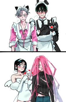 ... 2boys 2girls alien_stage animal_ears apron arrow_(symbol) bell black_dress black_eyes black_gloves black_hair black_necktie black_shirt blood blue_hair blush cat_ears crossdressing crossdressing_(mtf) dress fang gloves green_eyes grey_hair hairband hawk_till heart highres ivan_(alien_stage) long_hair maid maid_headdress male_maid mizi_(alien_stage) multicolored_hair multiple_boys multiple_girls neck_bell necktie nosebleed official_alternate_costume penetration_gesture pink_dress pink_hair purple_eyes rabbit_ears ribbed_shirt shirt sua_(alien_stage) till_(alien_stage) tribadism_gesture turtleneck turtleneck_shirt two-tone_hair very_long_hair white_apron white_dress white_gloves white_hairband white_wings wings