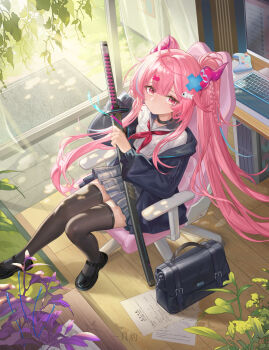 Rule 34 | 1girl, bag, black choker, black jacket, black shoes, brown thighhighs, choker, closed mouth, commentary request, dragon horns, grey sailor collar, grey skirt, highres, holding, holding sword, holding weapon, horns, jacket, katana, long hair, looking at viewer, mary janes, miniskirt, neckerchief, open clothes, open jacket, original, pink eyes, pink hair, pleated skirt, red neckerchief, sailor collar, school bag, school uniform, serafuku, shoes, sitting, skirt, solo, sword, thighhighs, twintails, very long hair, weapon, yizhibao, zettai ryouiki