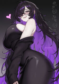 1girl :d absurdly_long_hair black-framed_eyewear black_dress black_hair black_sweater blush bootybear breasts dress glasses goddess_of_victory:_nikke gradient_background hair_over_one_eye heart highres label_(nikke) large_breasts long_hair looking_at_viewer multicolored_hair mushroom off_shoulder open_mouth purple_eyes purple_hair skull smile solo sweater two-tone_hair very_long_hair wavy_mouth