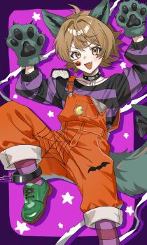 1girl animal_ears animal_hands animal_print bat_background bat_print brown_eyes brown_hair crab_on_shoulder fang ghost_costume gloves halloween_costume highres kantai_collection oboro_(halloween)_(kancolle) oboro_(kancolle) official_alternate_costume open_mouth orange_overalls overalls paw_gloves print_overalls purple_shirt shirt short_hair smile solo spider_web_print sticker sticker_on_face striped_clothes striped_shirt tail wolf_ears wolf_tail yakizakana_(sakana_u_u)