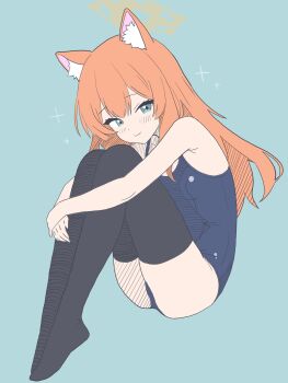 1girl absurdres animal_ear_fluff animal_ears aqua_background aqua_eyes ass bare_shoulders black_thighhighs blue_archive blue_background blue_eyes blush breasts cat_ears cat_girl closed_mouth commentary_request full_body hair_between_eyes halo hatching_(texture) highres hugging_own_legs knees_up linear_hatching long_hair looking_at_viewer mari_(blue_archive) no_shoes ochazuke_(artist) one-piece_swimsuit orange_hair school_swimsuit simple_background sitting small_breasts smile solo sparkle swimsuit thighhighs yellow_halo